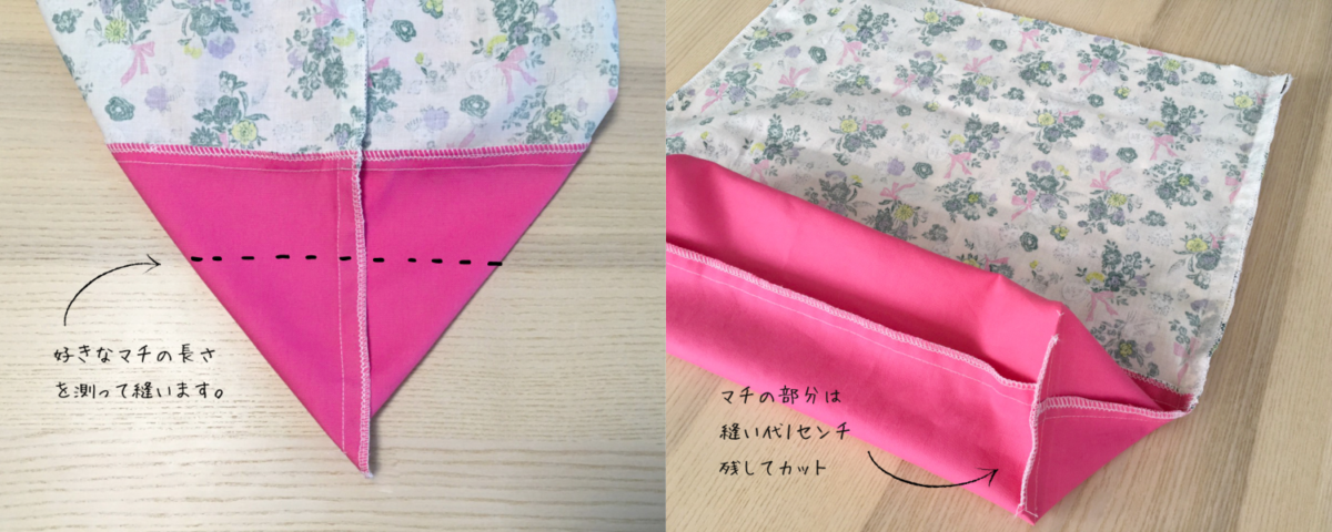 バッグにマチを作って、周りをロックミシンする