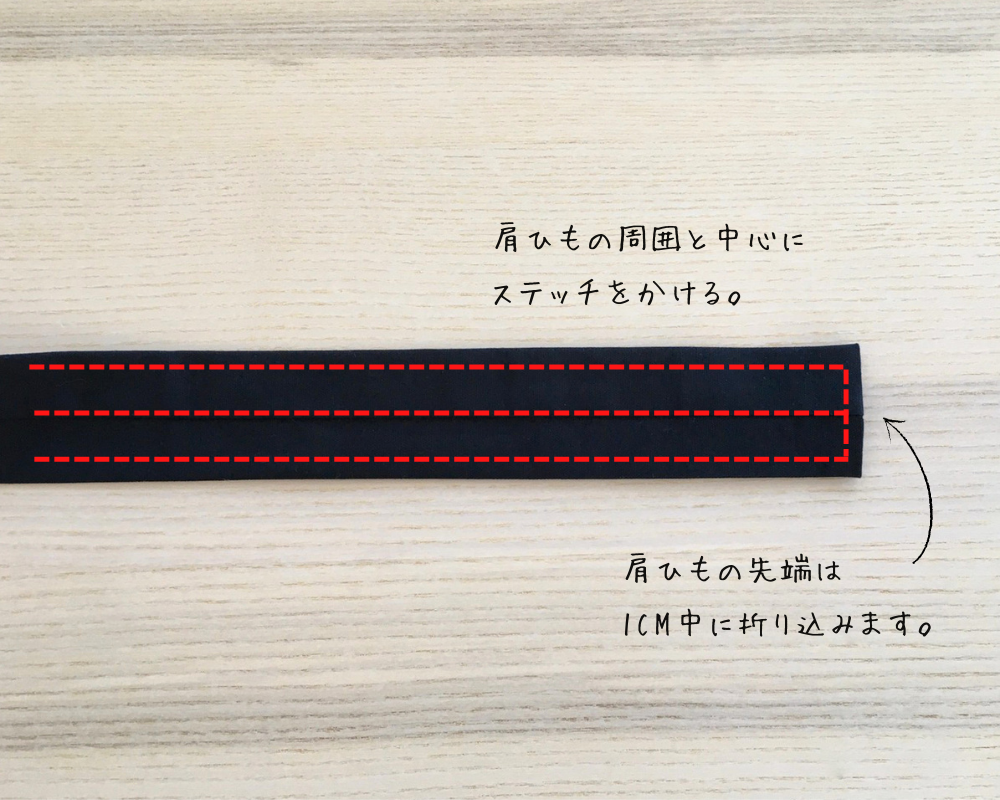 肩紐の周囲にステッチをかける